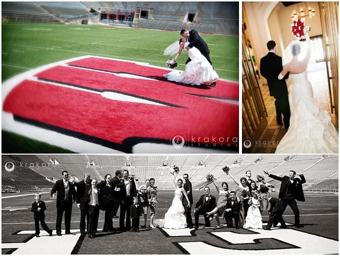 university-of-wisconsin-madison-badgers-bride-groom-bridal-party-pose-on-football-field__full